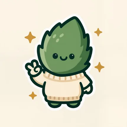 The Greenskeeper mascot — a happy little green bud in a cozy sweater flashing a peace sign