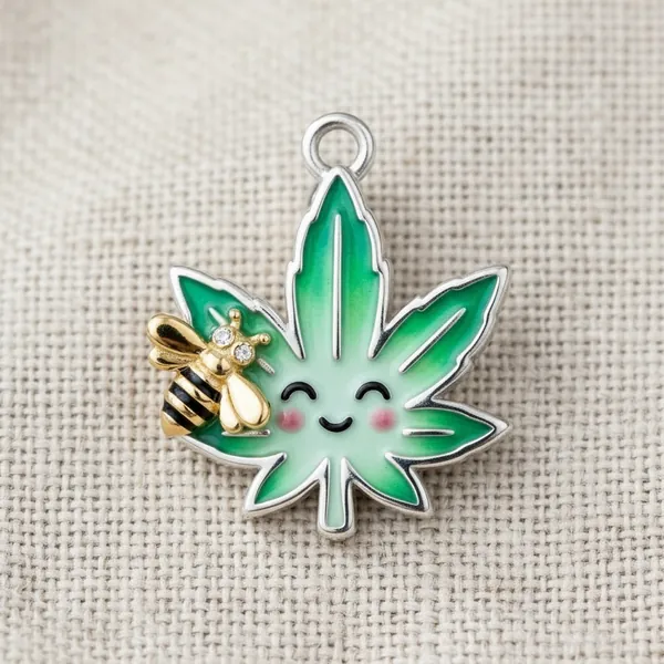 Smiling green enamel leaf charm with a gold bee resting on it