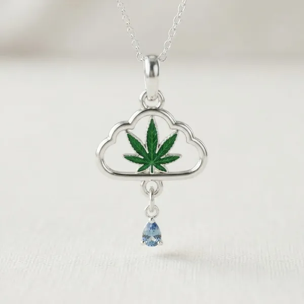 Cloud charm — silver cloud outline with a green leaf inside and a light-blue drop stone
