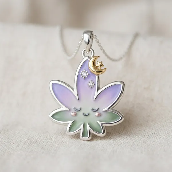 Sleeping leaf charm — lavender-to-sage enamel leaf with closed eyes, a gold crescent moon and two tiny crystal stars